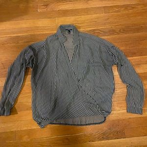 Sheer stripe black cream wrap top long sleeve L